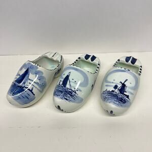 Delft Blue Hand Painted Dutch Holland Windmill 6” Ceramic Clog Ashtray Set of 3